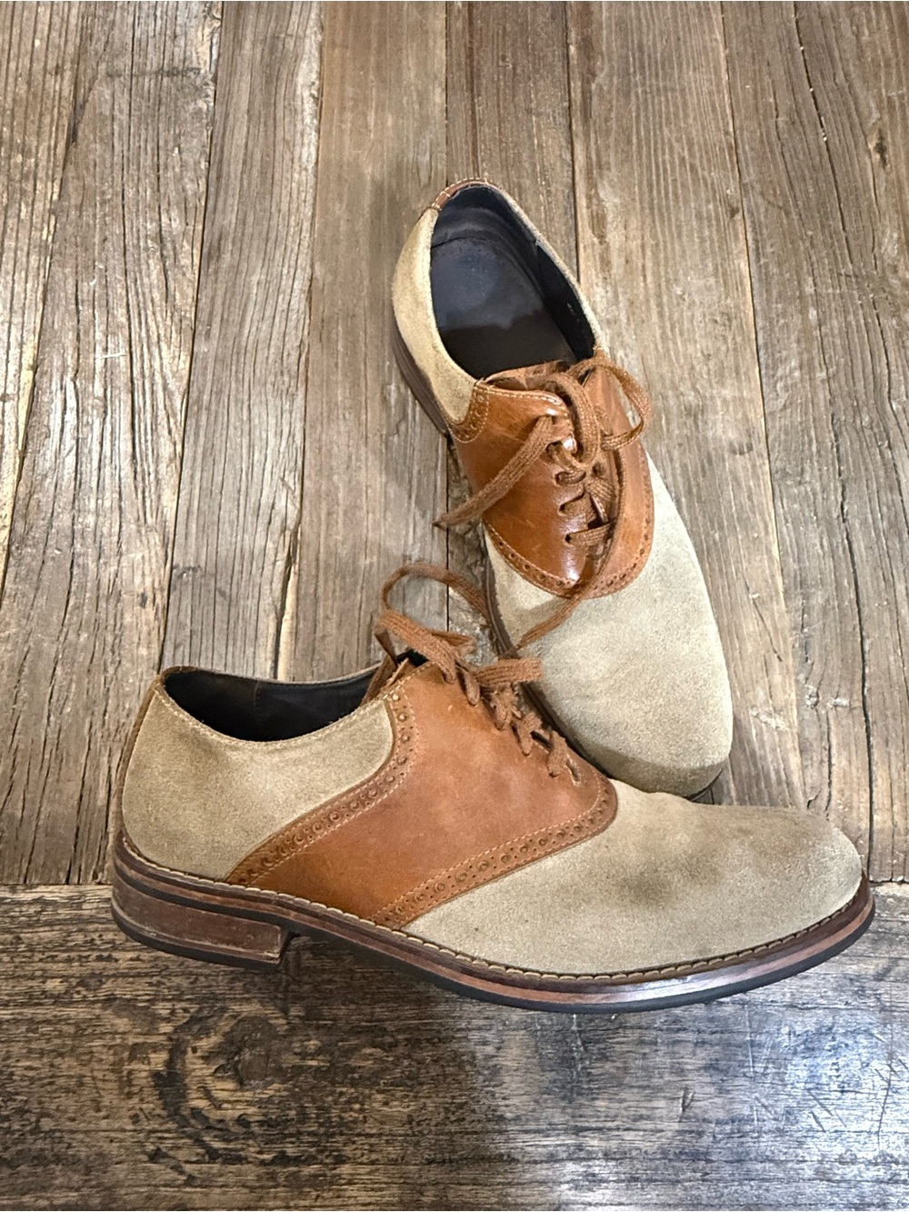 Men's Two-Tone Suede and Saddle Leather Oxford Shoes - Beige & Brown